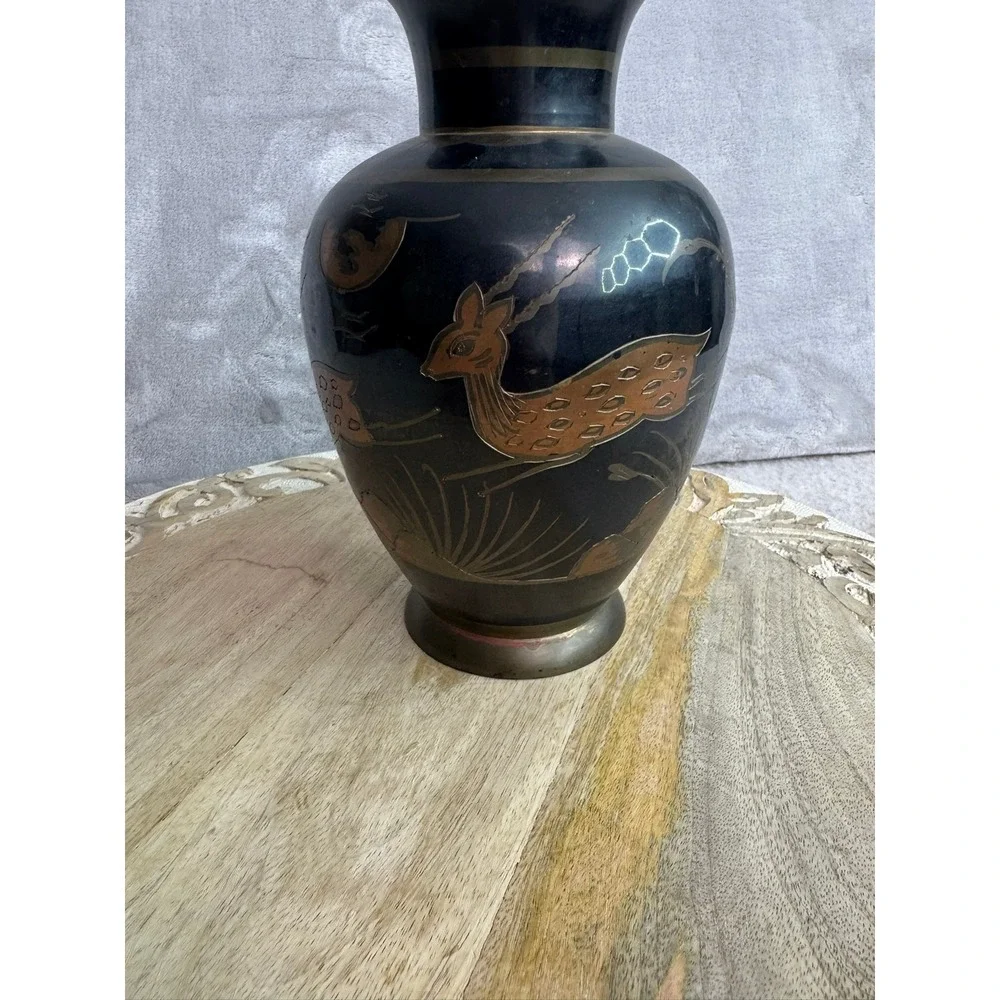Vintage Black Etched Brass Vase Deer Gazelle Floral Palm‎ Tree Design 9.5 Inch